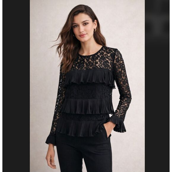 J. Crew Tops - J Crew Black Lace Ruffle Top 4 Sheer Sleeve Floral Pleated Tiered Blouse Keyhole